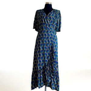 Blue Patterned Maxi Dress - Elegant Women's Wrap Style